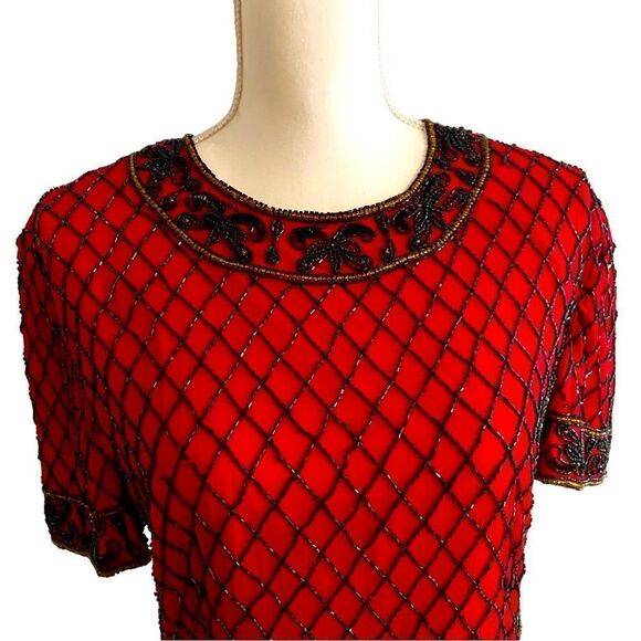 Papell Evening Silk Sequin Christmas Top Blouse Size Medium - Picture 2 of 7